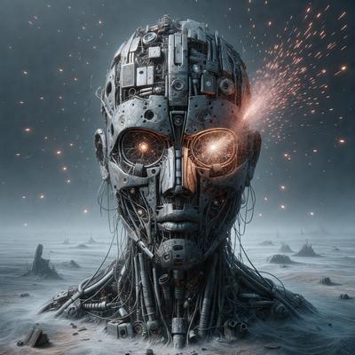 The primary subject of the image is a futuristic robot head with a mechanical appearance. The robot's head is surrounded by a dark, moody atmosphere, with a backdrop of a starry night sky. The visual style of the image is a combination of digital art and illustration, creating a striking and intricate design. The colors in the image are predominantly dark, with some hints of red and orange, adding to the overall mood and ambiance.